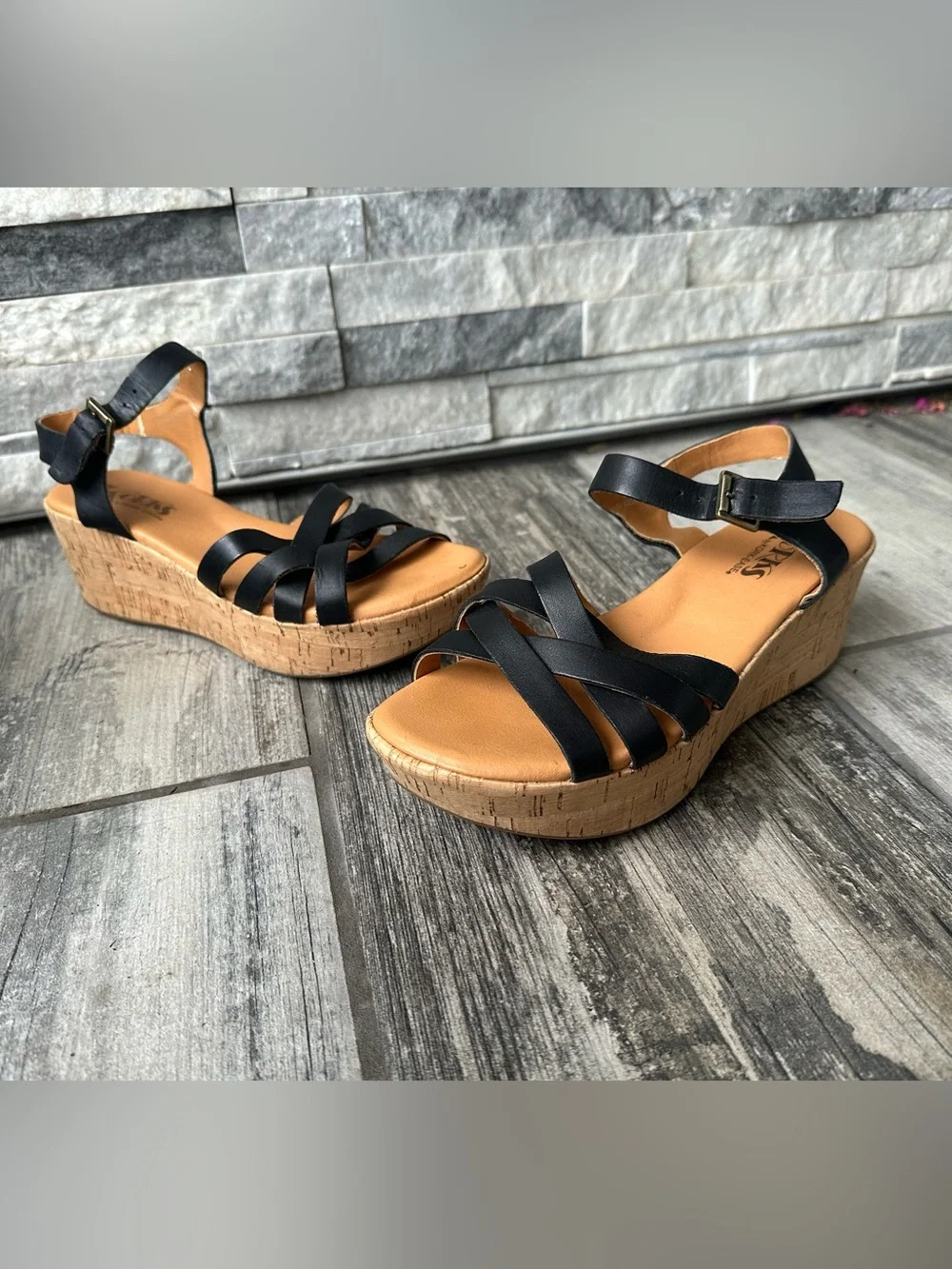Kork-Ease Black Leather Wedge Sandals Adjustable Ankle Strap Size 7